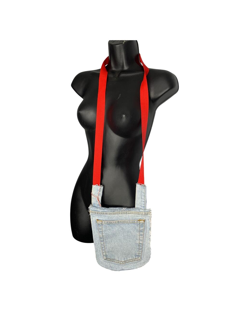 Jean Pocket Denim Authentic Crossbody Bag with Closure Light Wash Red Strap